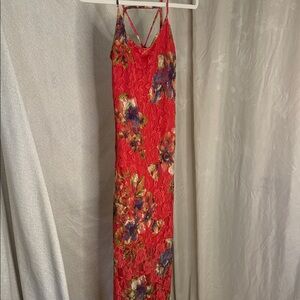 Fire Los Angeles Red Floral Lace Slip Maxi Dress